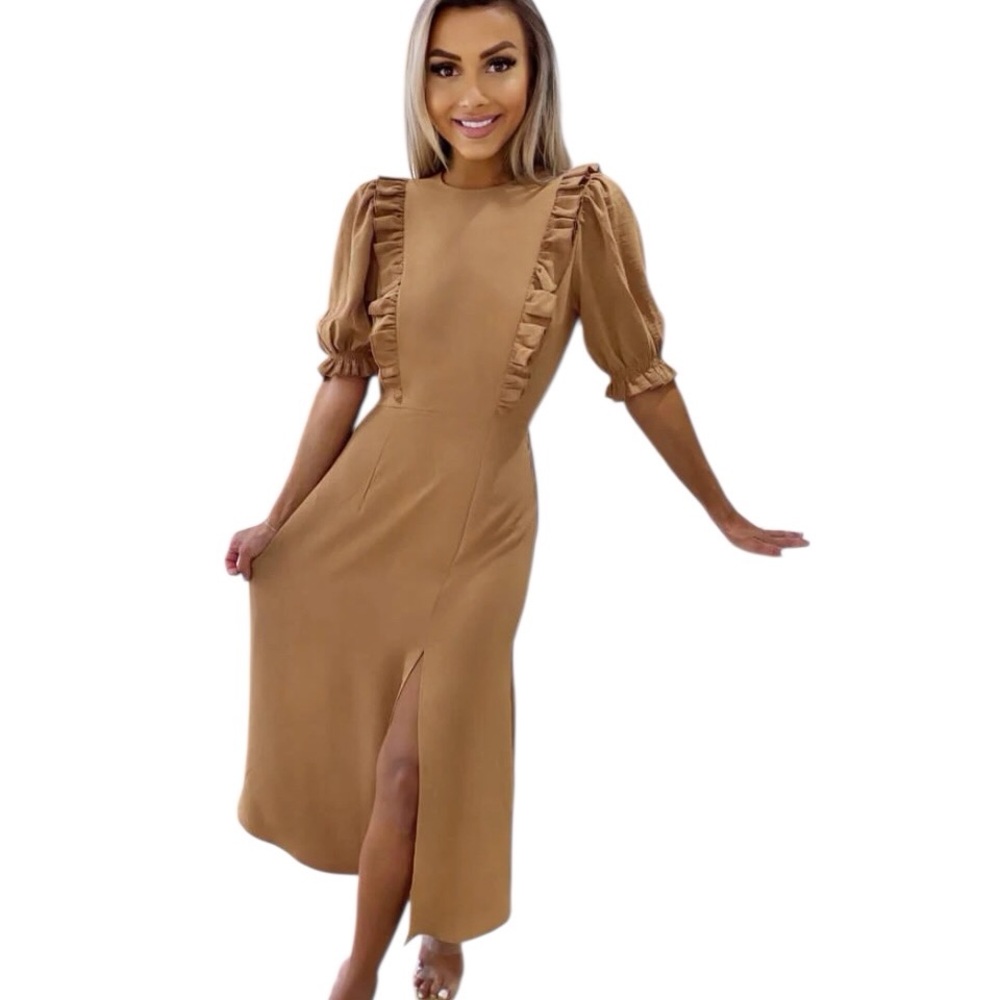 Women’s AX Paris Camel Brown Ruffle Split Hem Midi Dress - US 12